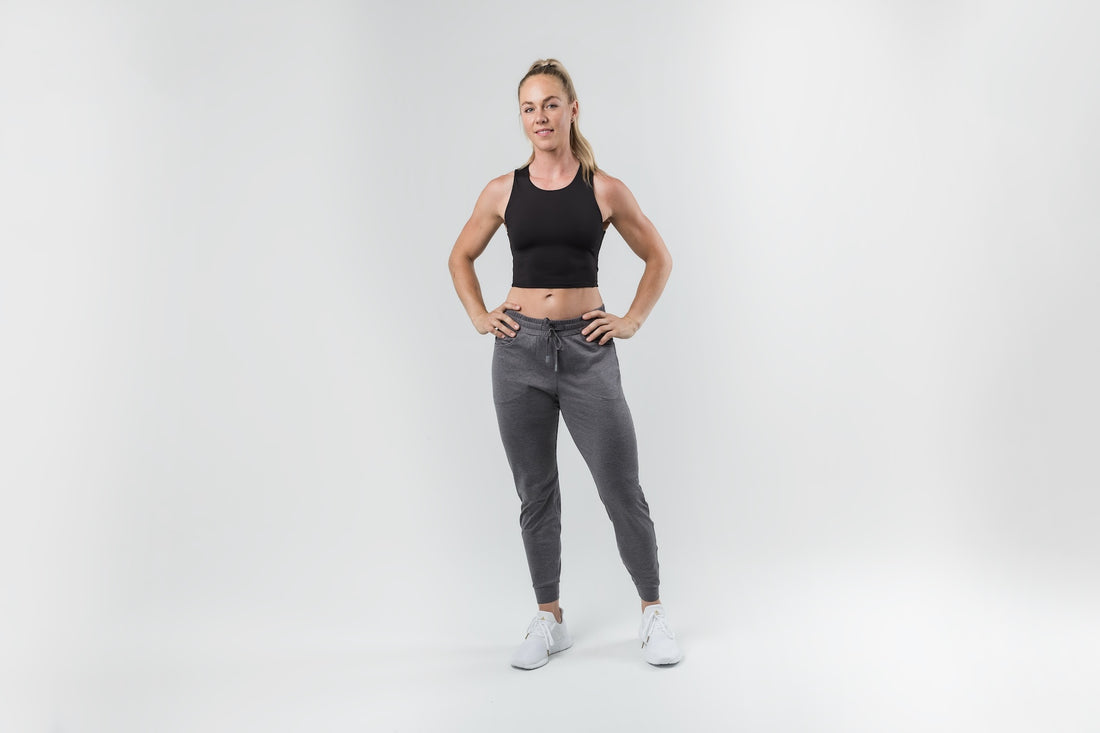 The REP Fitness Women's Vellus Joggers in Heather Cool Gray front, full body