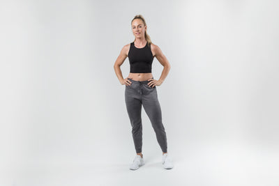 The REP Fitness Women's Vellus Joggers in Heather Cool Gray front, full body