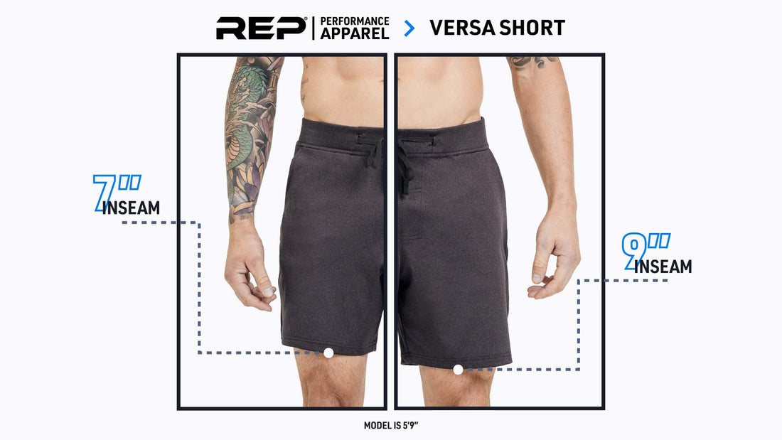 The REP Fitness Men's Versa Shorts length comparison