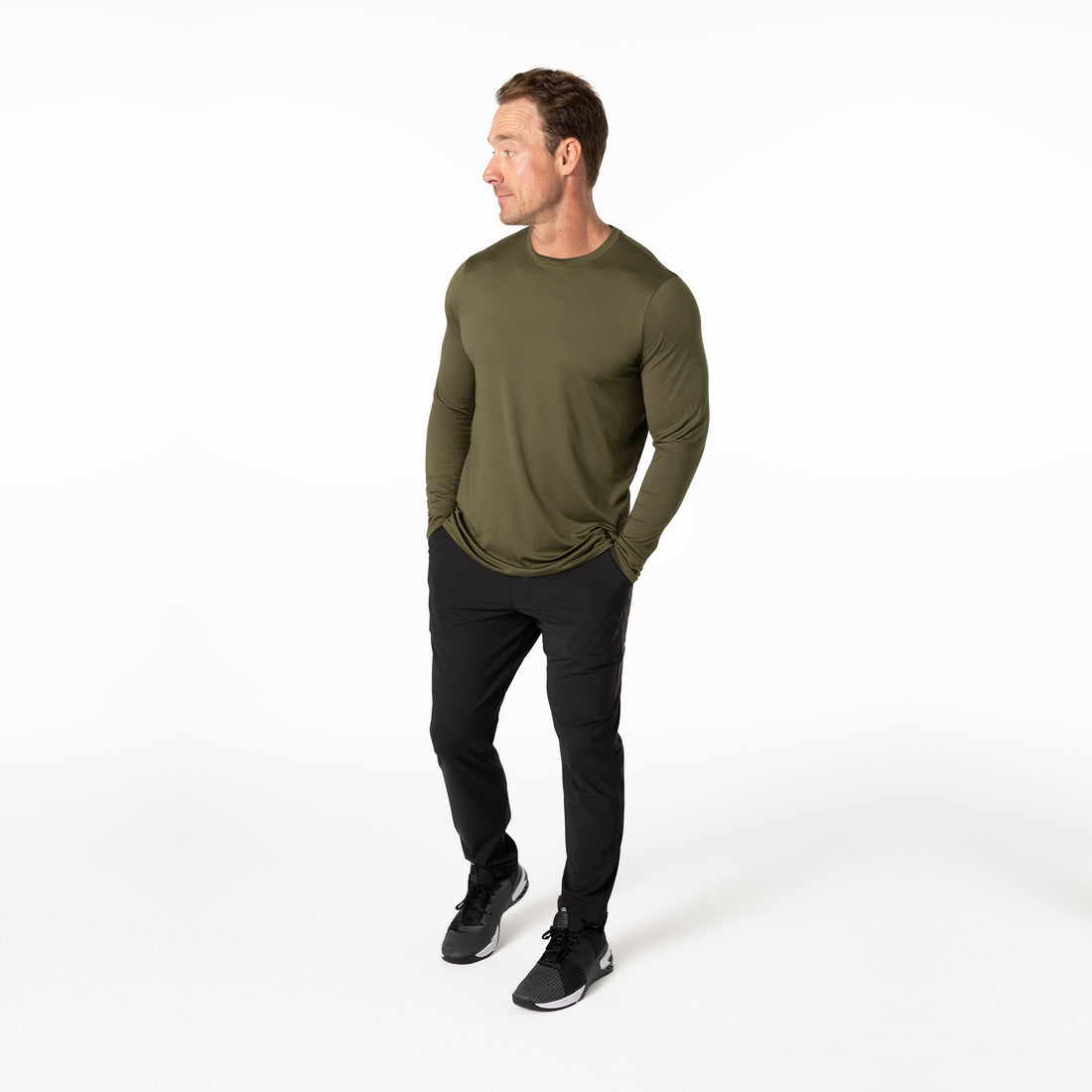 The REP Fitness Men's Delta Long Sleeve Crew T-Shirt in Heather Olive side profile