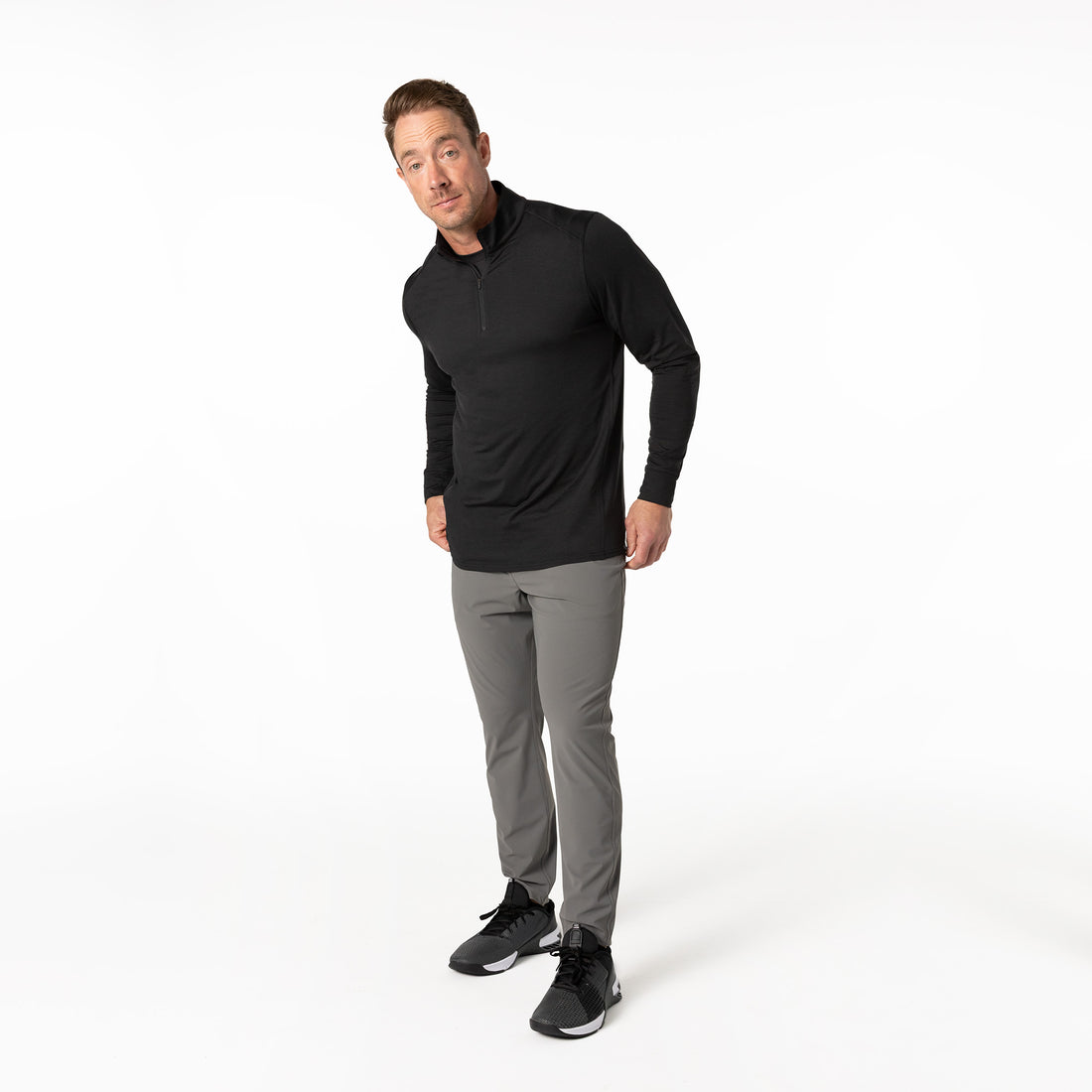 The REP Fitness Men's Apollo Half Zip in Heather Black front, full body