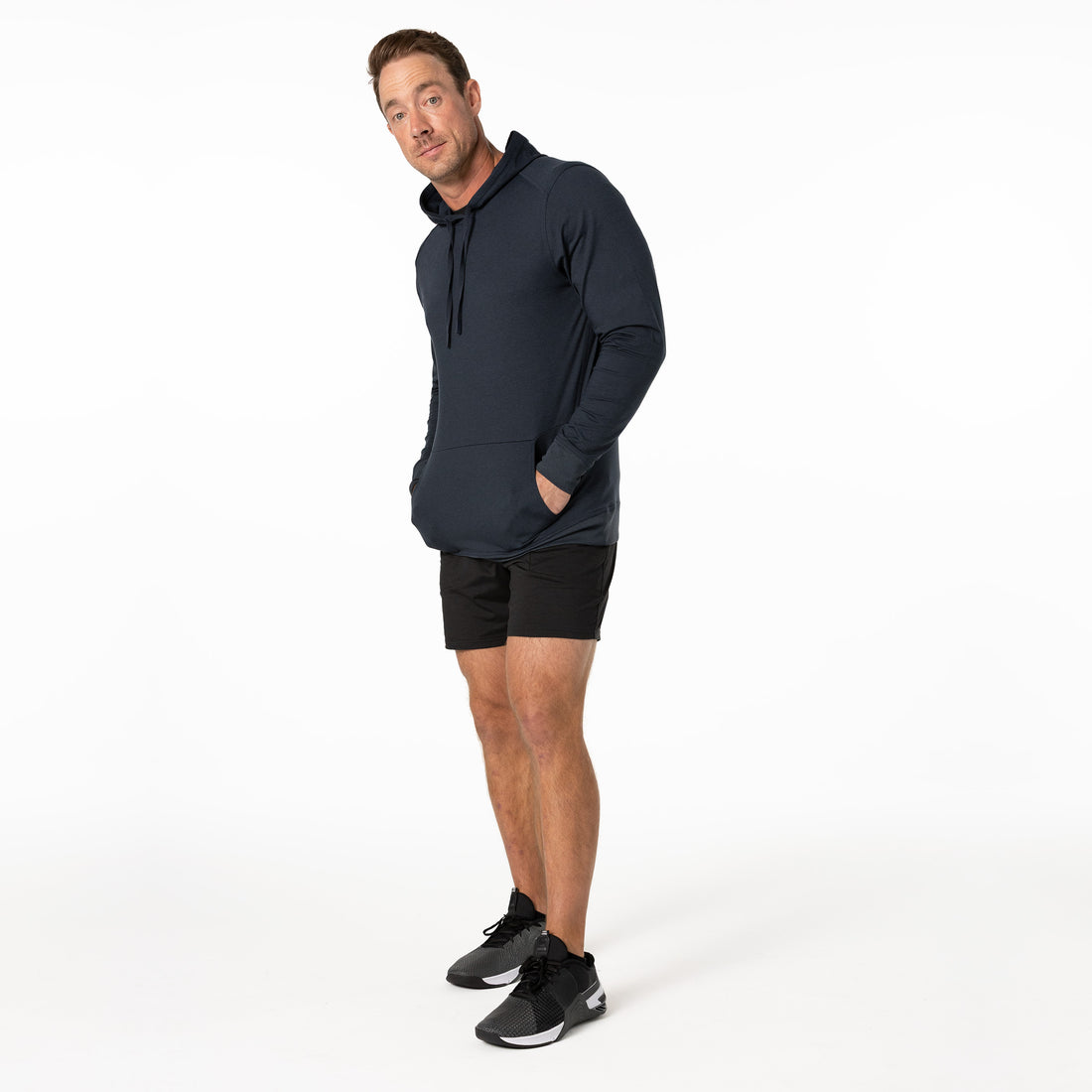 The REP Fitness Men's Apollo Hoodie in Heather Navy side profile