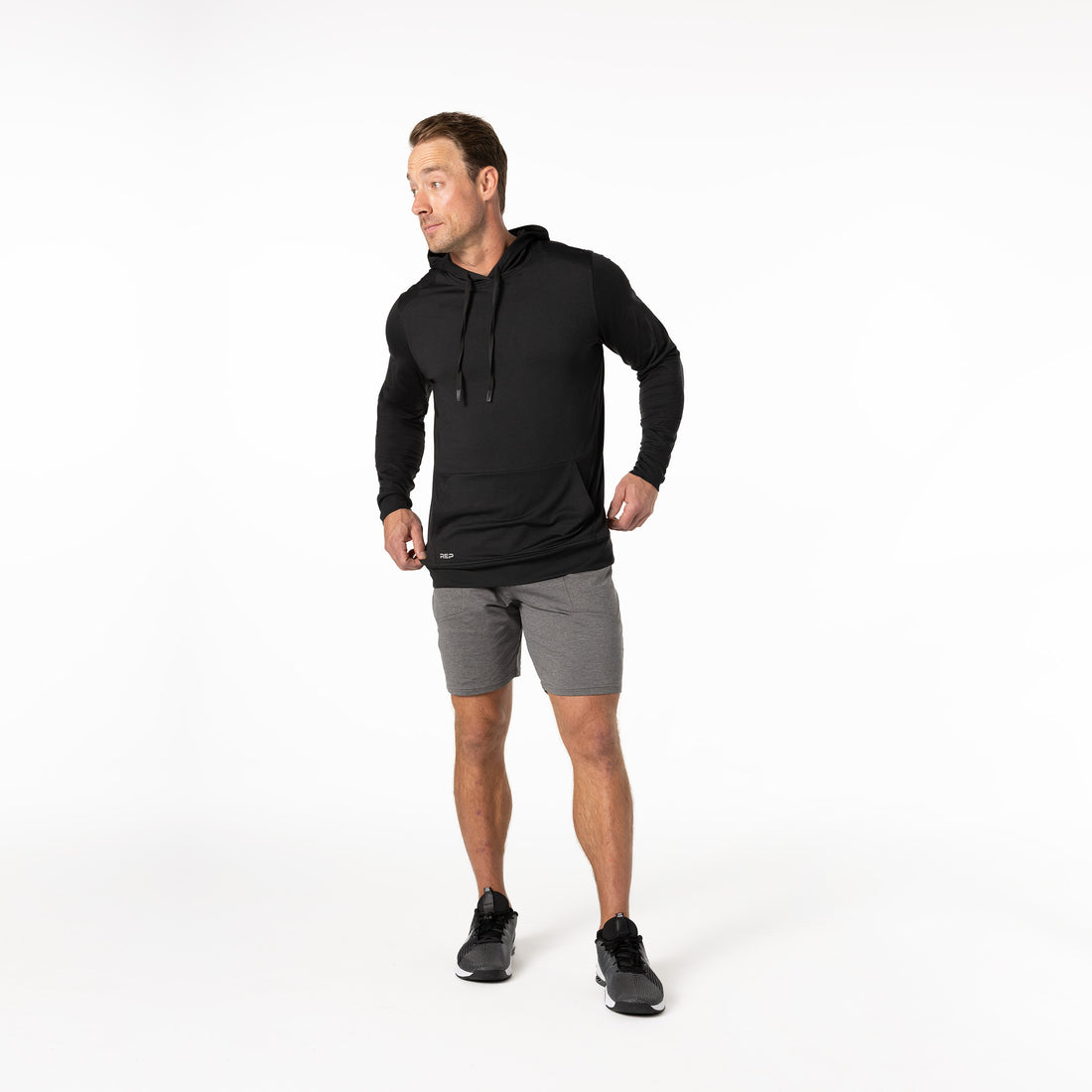 The REP Fitness Men's Apollo Hoodie in Heather Black back, full body