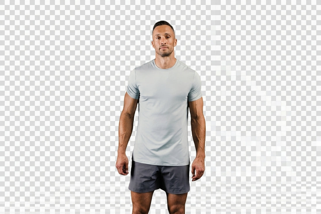 The REP Fitness Men's Delta Shirt in Aqua Gray front, close-up image