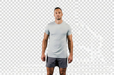 The REP Fitness Men's Delta Shirt in Aqua Gray front, close-up image