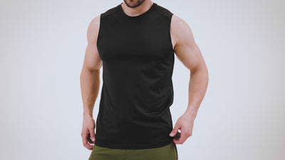 Athlete wearing the REP Fitness Men's Solis Muscle Tee in Black, Cool Gray in Clearance