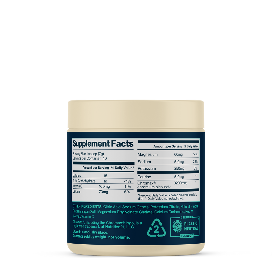 Hydration supplement container with a blue label on a white background