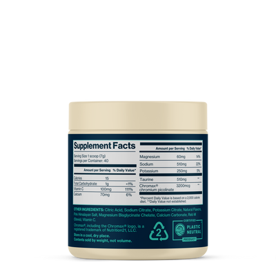 Hydration supplement container with a blue label on a white background