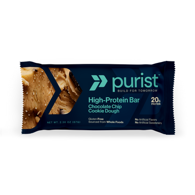 Purist high-protein bar packaging with chocolate chip cookie dough flavor.