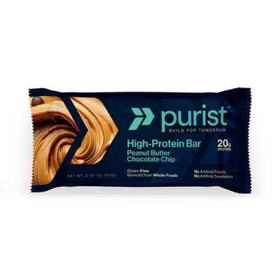 Purist high-protein bar packaging with peanut butter chocolate chip flavor on a white background