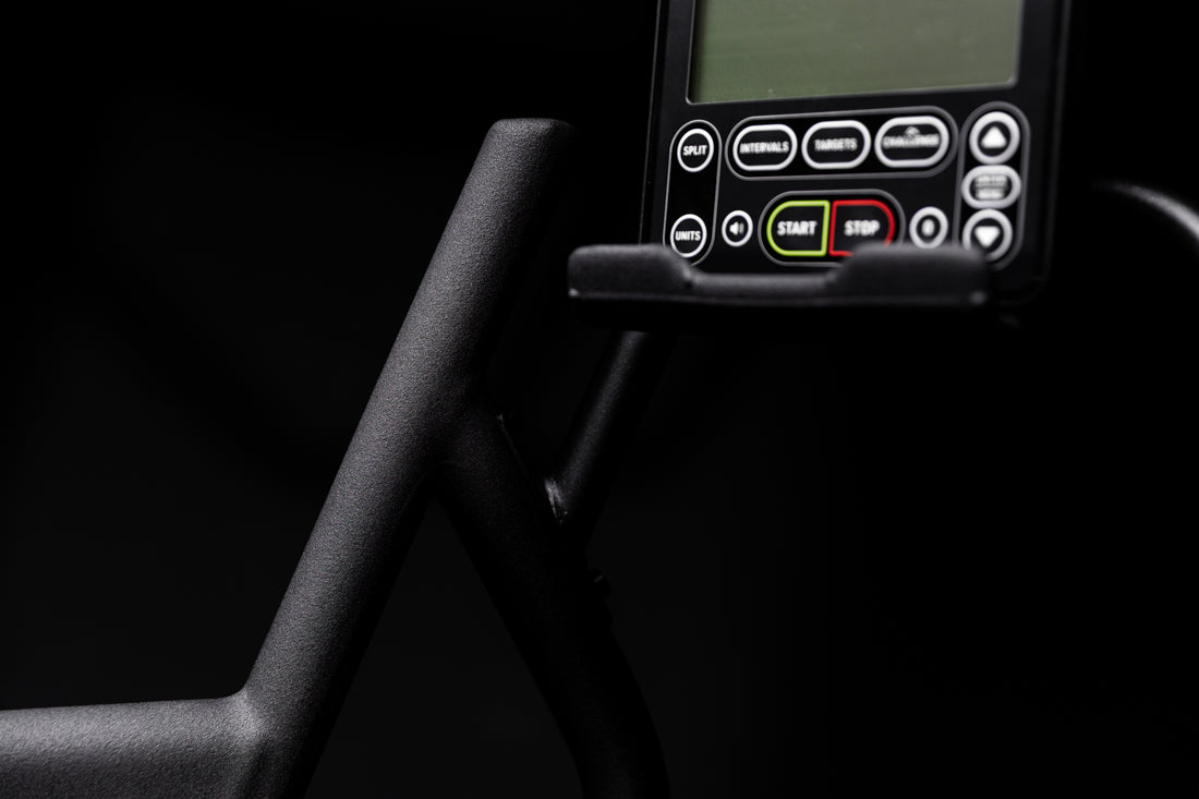 Close-up shot of the bottom of the console on the Strive Curved Treadmill