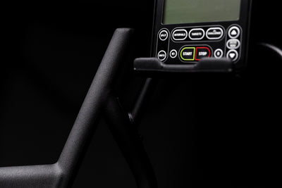 Close-up shot of the bottom of the console on the Strive Curved Treadmill