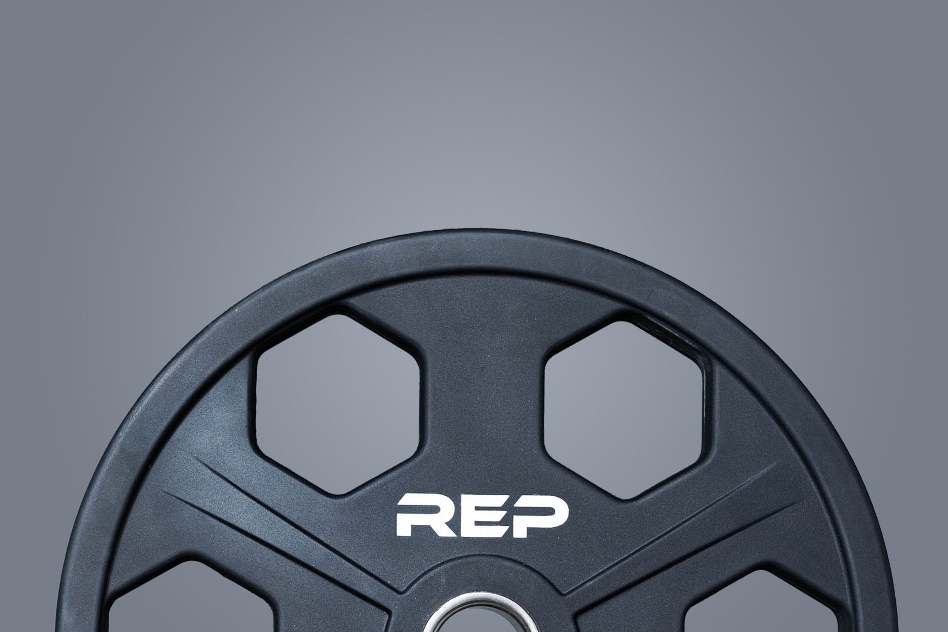 Close up view of the top half of a 45lb Urethane Coated Equalizer Plate with the white 