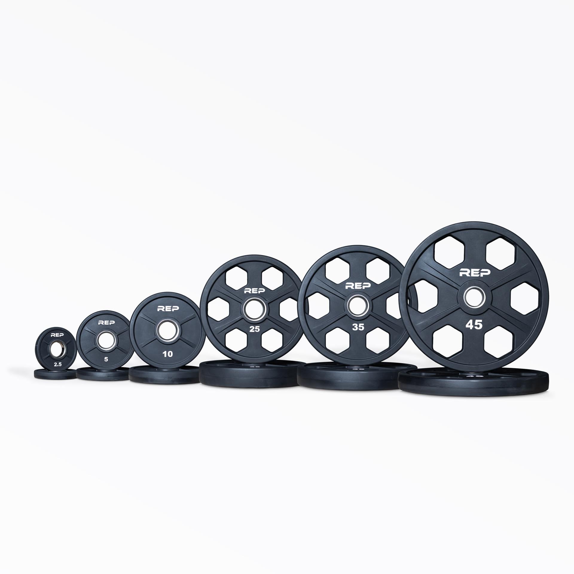 Full set of Urethane Coated Equalizer Plate Pairs: 2.5, 5, 10, 25, 35, and 45lb pairs.